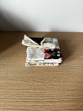 Handmade Floral Cotton Coasters - Cream, Black, Red